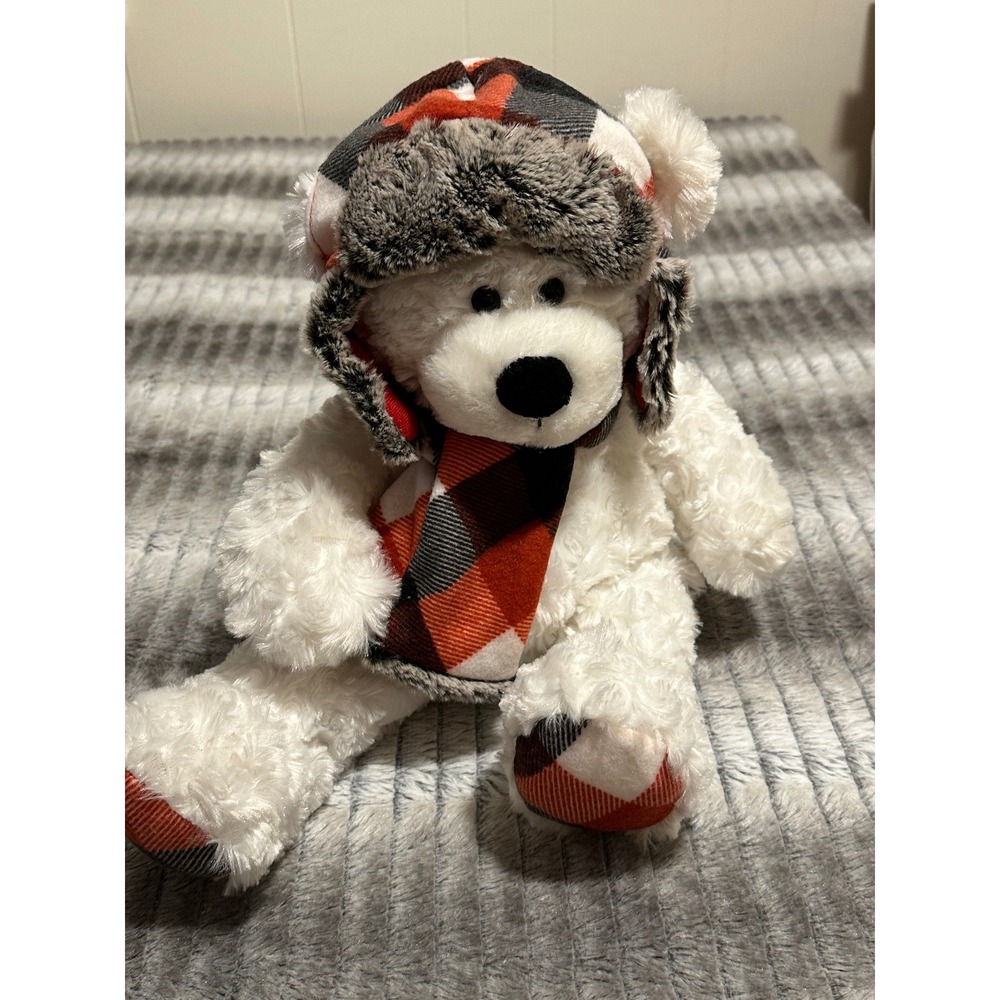 Hugfun International White Plush Polar Bear Red Buffalo Plaid Trapper Hat Scarf